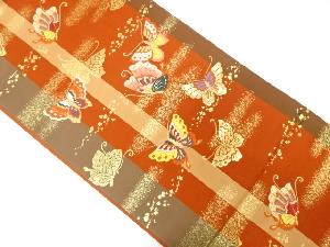 縞に蝶・箔散らし模様織出し袋帯